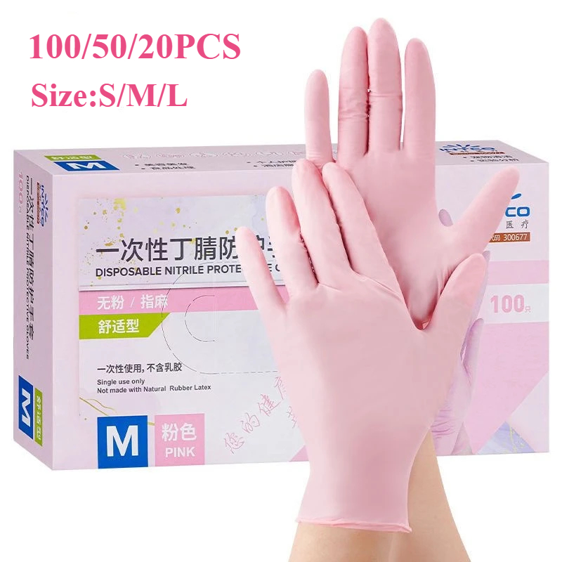 Medical Gloves - 20/50/100 個ピンクニトリル手袋使い捨てラテックス手袋パウダーフリー家庭用クリーニング美容サロン作業キッチン手袋