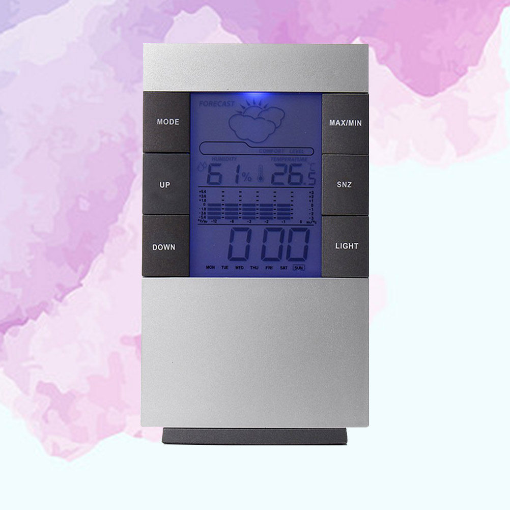 Thermometer Digital - 1個入り。室内温度・湿度を表示し、時刻と日付を表示する、壁掛け可能な液晶デジタル目覚まし時計兼温度計・湿度計。